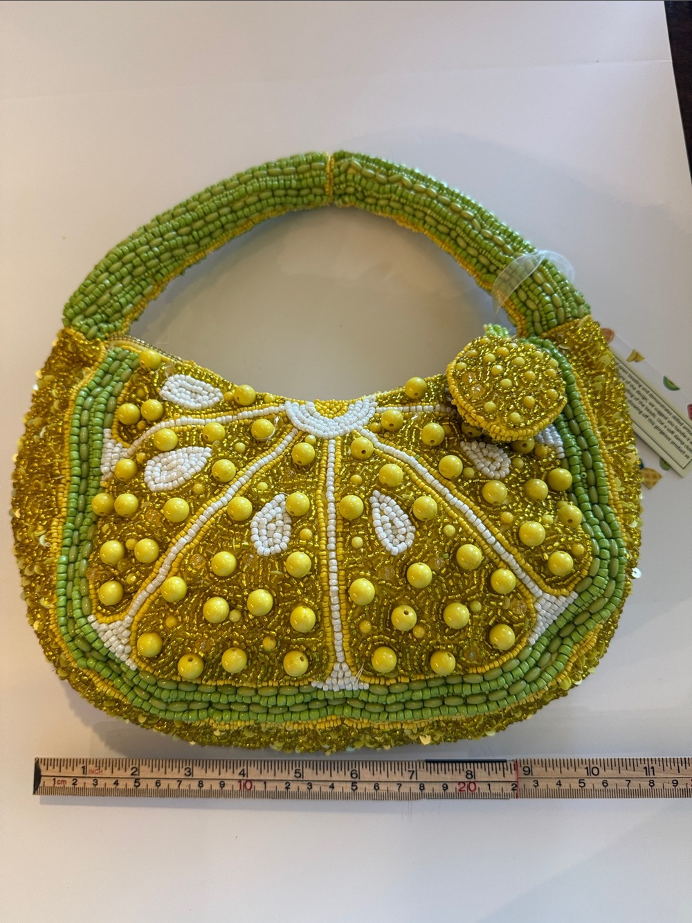* NWT Lime/Lemon Fully Beaded Handbag with Decorative Zipper Pull